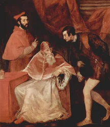 Porträt von Papst Paul III. mit Kardinal Alessandro Farnese und Herzog Ottavio Farnese